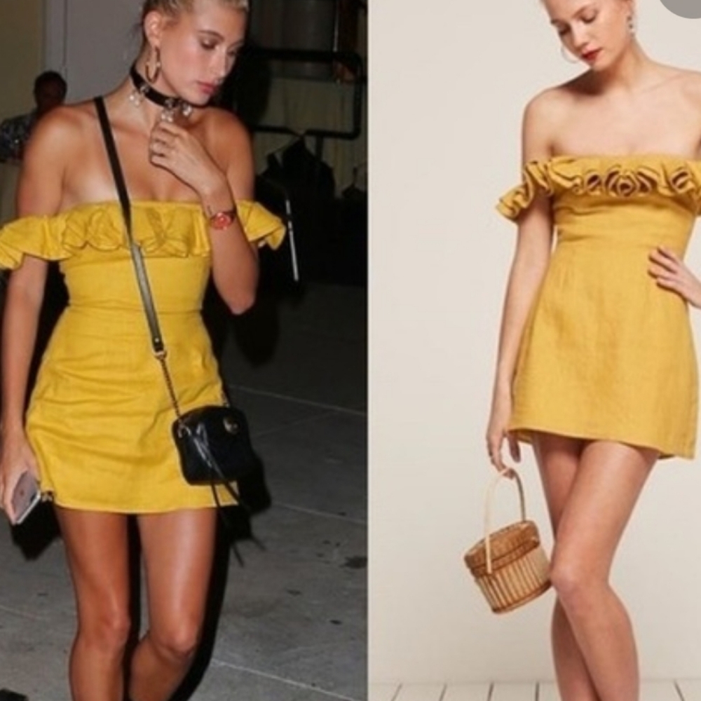 Reformation Mustard Yellow Off-Shoulder Ruffle Mini Dress